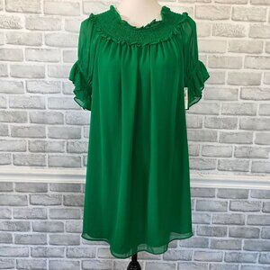 CeCe Emerald Green Chiffon Dress Babydoll Shift Fairy Flowy Smocked NEW Size 10